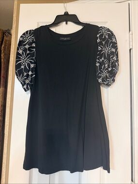 Lane Bryant Black Top with White Floral Puff Sleeves